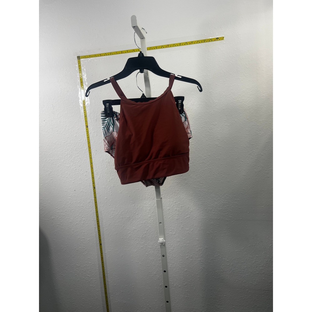 Rust High Neck Bikini Set with Tropical Leaf High Waisted Bottoms Medium